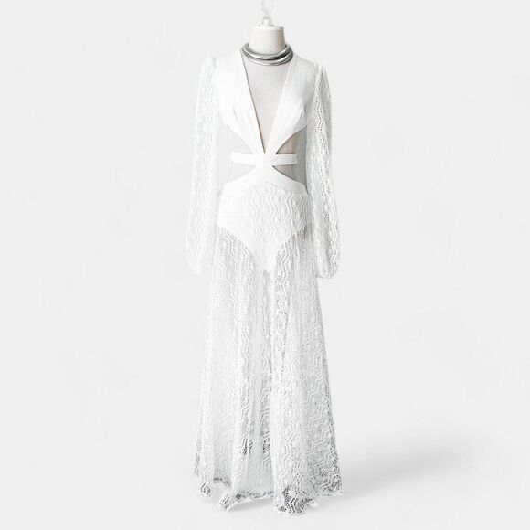 White Long Sleeve Sheer Lace Cutout VNeck Flowy A-Line Flared Maxi Dress Size S - Picture 4 of 7